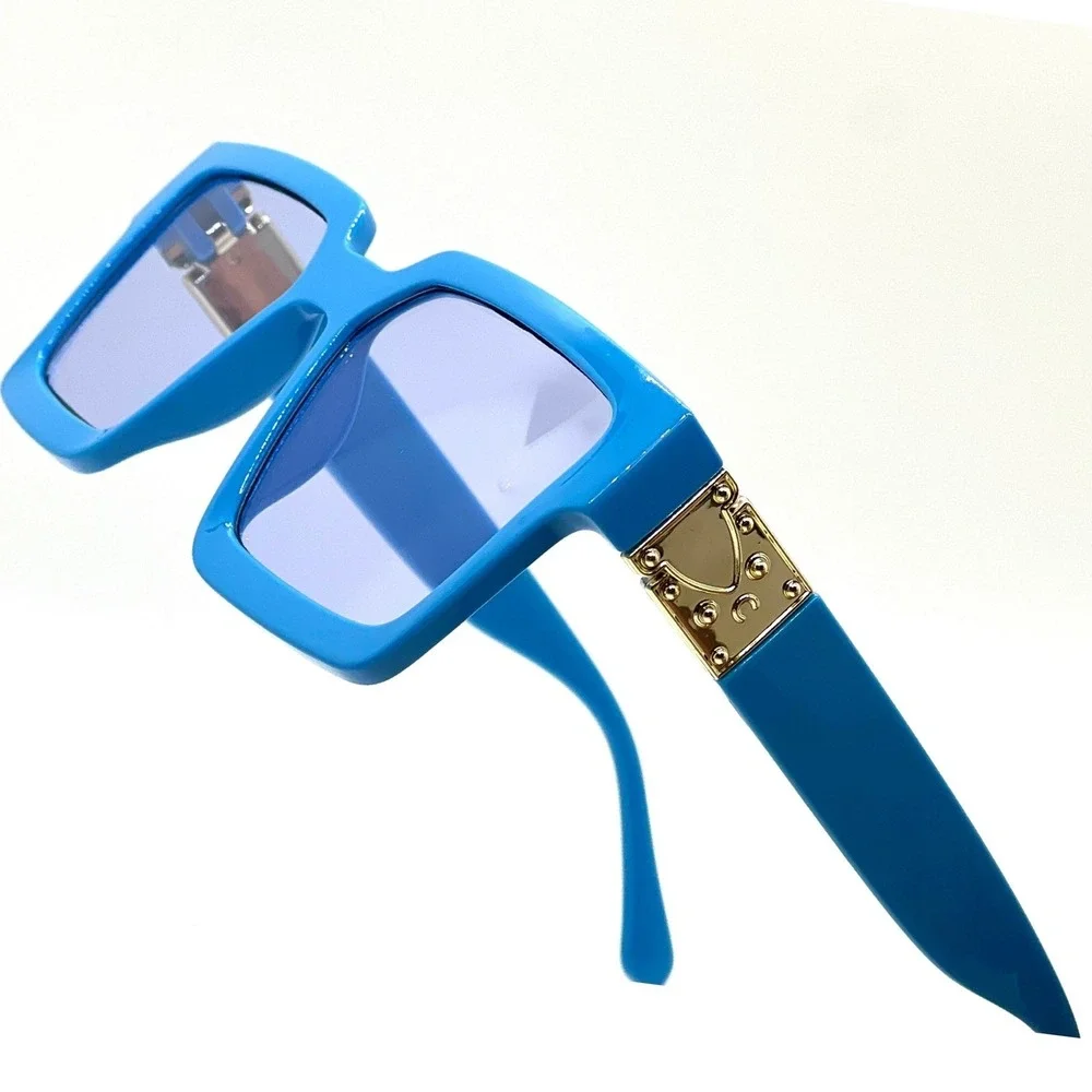 Men Square Sunglasses Fashion Designer Gold Accent Blue Frame Trendy Shades 2026